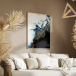 affiche abstraite avec des tourbillons bleus blancs et dores creant une impressi salon.webp