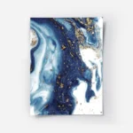 affiche abstraite avec des tourbillons de peinture bleue blanche et doree.webp