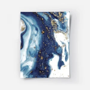 affiche abstraite avec des tourbillons de peinture bleue blanche et doree.webp