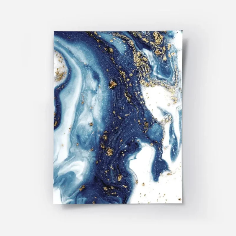 affiche abstraite avec des tourbillons de peinture bleue blanche et doree.webp