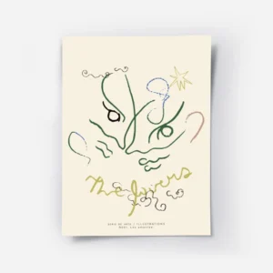 affiche abstraite avec des visages esquisses aux lignes vertes bleues et noires .webp