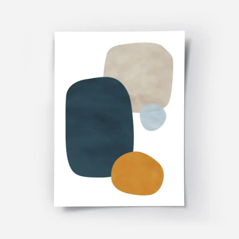 affiche abstraite avec formes bleues beiges et oranges sur fond blanc.webp