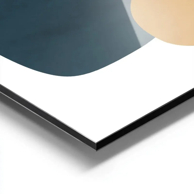 affiche abstraite avec formes bleues beiges et oranges sur fond blanc aluminium.webp