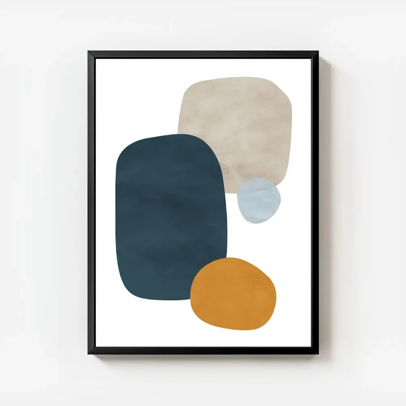 affiche abstraite avec formes bleues beiges et oranges sur fond blanc avec cadre.webp