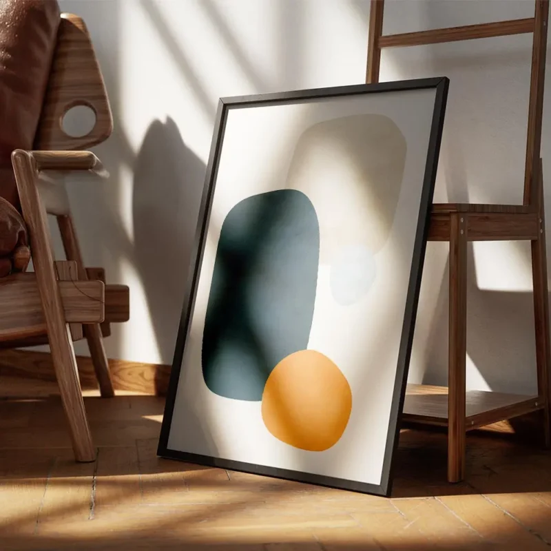 affiche abstraite avec formes bleues beiges et oranges sur fond blanc encadre.webp