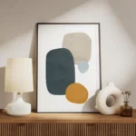 affiche abstraite avec formes bleues beiges et oranges sur fond blanc meuble.webp