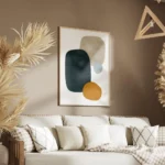 affiche abstraite avec formes bleues beiges et oranges sur fond blanc salon.webp