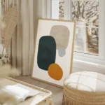 affiche abstraite avec formes bleues beiges et oranges sur fond blanc salon beige.webp