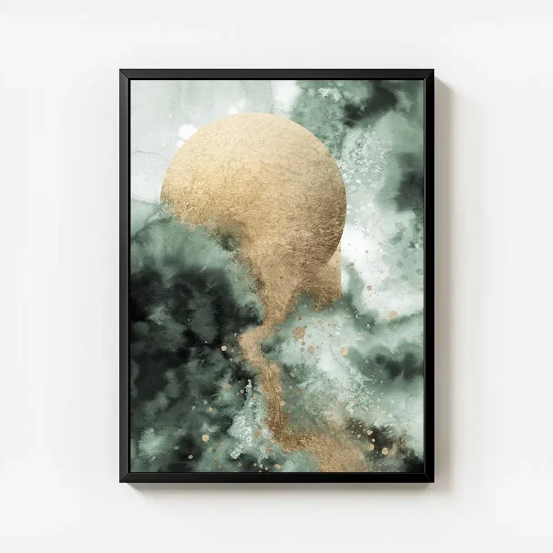 affiche abstraite avec un cercle dore sur fond vert emeraude effet aquarelle et avec cadre.webp