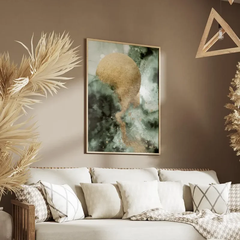 affiche abstraite avec un cercle dore sur fond vert emeraude effet aquarelle et salon.webp