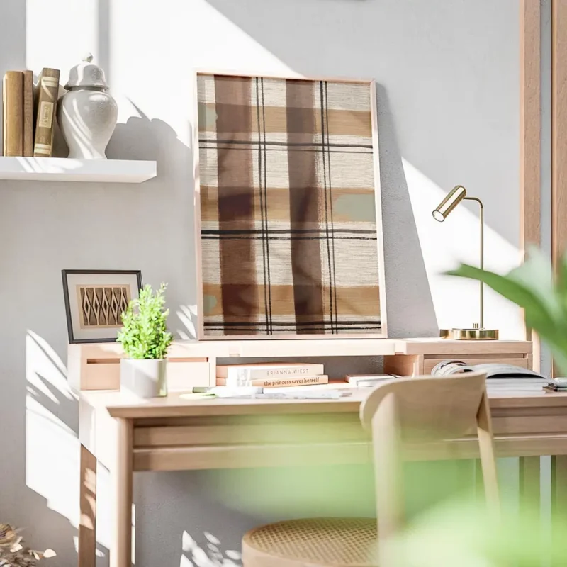 affiche abstraite avec un motif gingham des lignes beige marron et blanc et des bureau.webp
