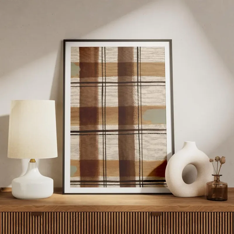 affiche abstraite avec un motif gingham des lignes beige marron et blanc et des meuble.webp