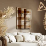 affiche abstraite avec un motif gingham des lignes beige marron et blanc et des salon.webp