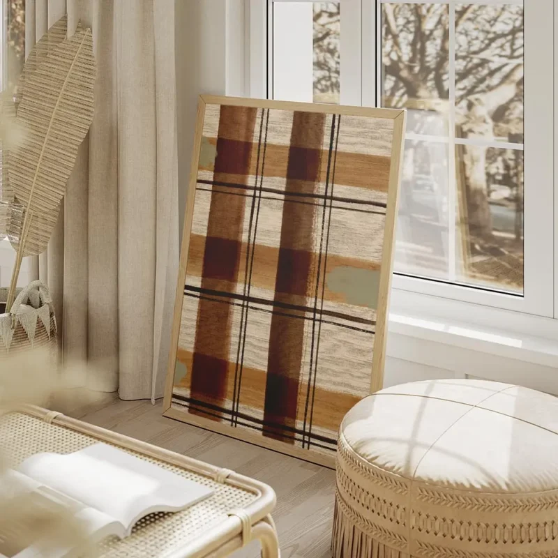 affiche abstraite avec un motif gingham des lignes beige marron et blanc et des salon beige.webp