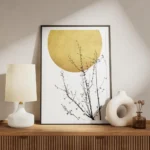 affiche abstraite avec un soleil dore et des branches darbuste noires typographi meuble.webp