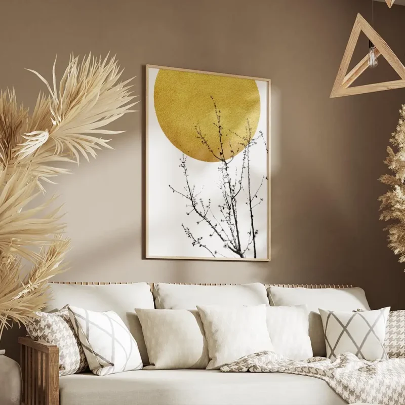 affiche abstraite avec un soleil dore et des branches darbuste noires typographi salon.webp