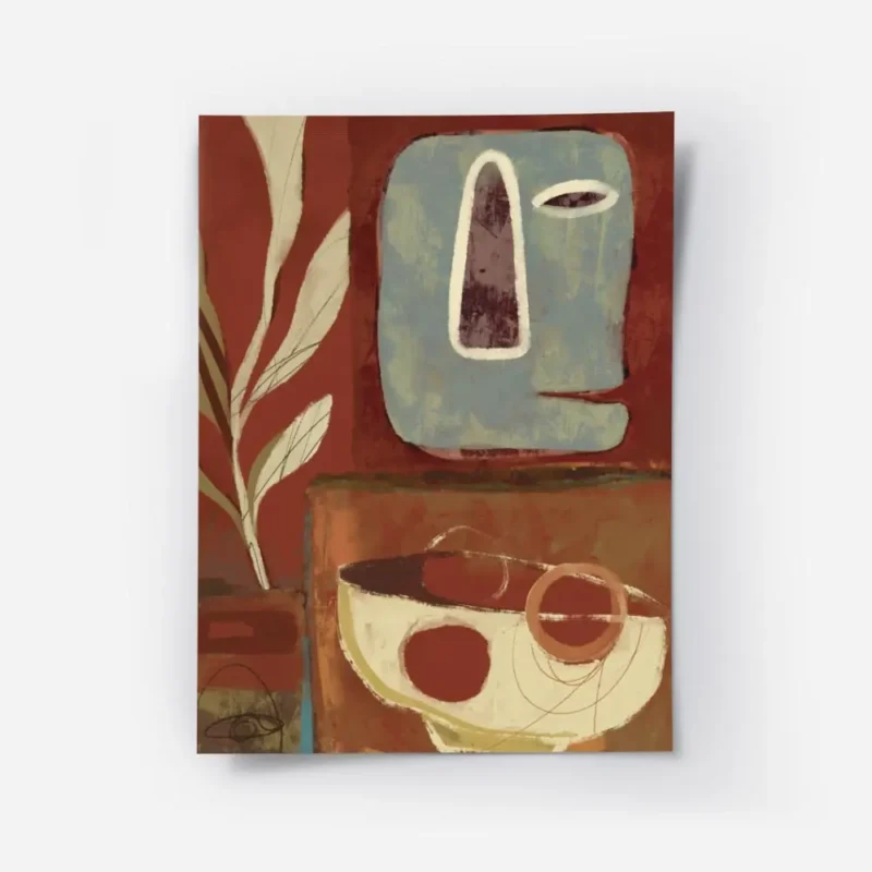 affiche abstraite avec un visage bleu et des formes vegetales sur fond rouge un .webp