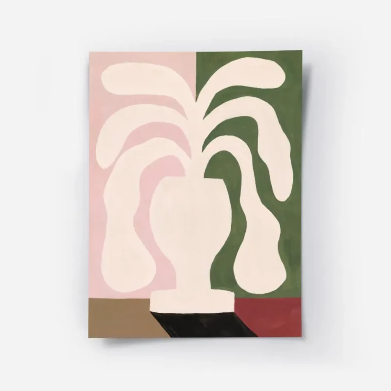 affiche abstraite avec une plante aux formes fluides dans un vase aux couleurs r.webp