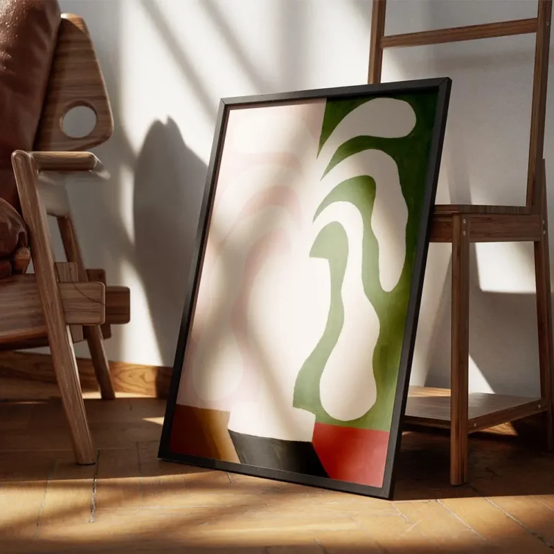 affiche abstraite avec une plante aux formes fluides dans un vase aux couleurs r encadre.webp