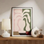 affiche abstraite avec une plante aux formes fluides dans un vase aux couleurs r meuble.webp