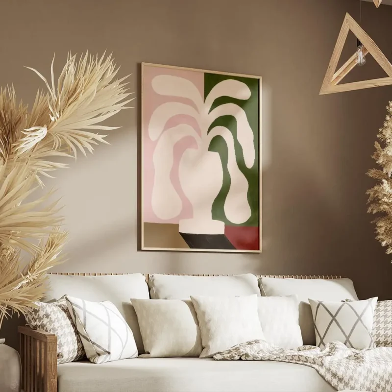 affiche abstraite avec une plante aux formes fluides dans un vase aux couleurs r salon.webp