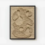 affiche abstraite beige avec des formes organiques texturees sur un fond tricote avec cadre.webp