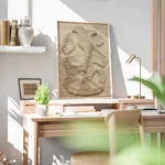 affiche abstraite beige avec des formes organiques texturees sur un fond tricote bureau.webp