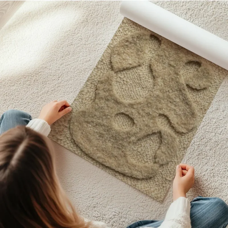 affiche abstraite beige avec des formes organiques texturees sur un fond tricote en rouleau.webp