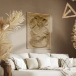affiche abstraite beige avec des formes organiques texturees sur un fond tricote salon.webp