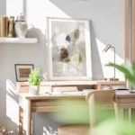 affiche abstraite beige avec des formes texturees marron bleues et des lignes fi bureau.webp