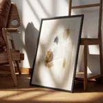 affiche abstraite beige avec des formes texturees marron bleues et des lignes fi encadre.webp