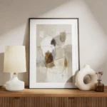 affiche abstraite beige avec des formes texturees marron bleues et des lignes fi meuble.webp