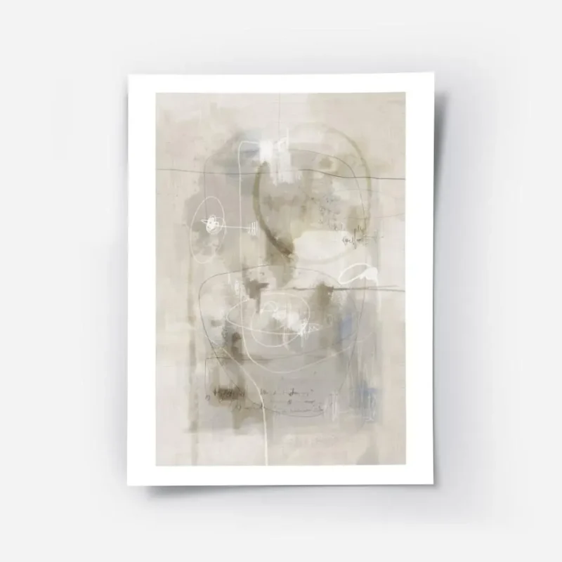affiche abstraite beige avec des lignes noires blanches et des taches bleues.webp