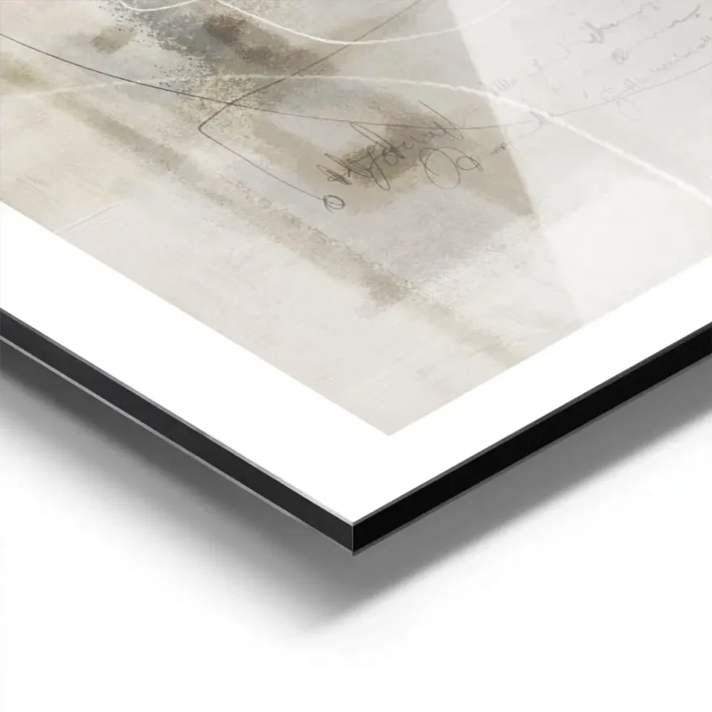 affiche abstraite beige avec des lignes noires blanches et des taches bleues aluminium.webp