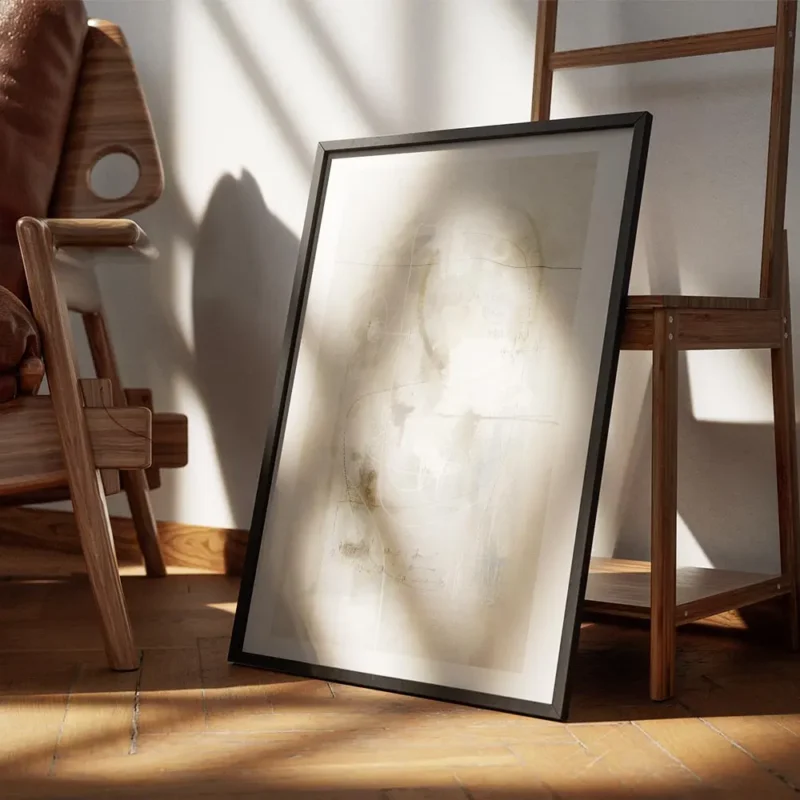 affiche abstraite beige avec des lignes noires blanches et des taches bleues encadre.webp