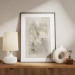 affiche abstraite beige avec des lignes noires blanches et des taches bleues meuble.webp