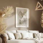 affiche abstraite beige avec des lignes noires blanches et des taches bleues salon.webp