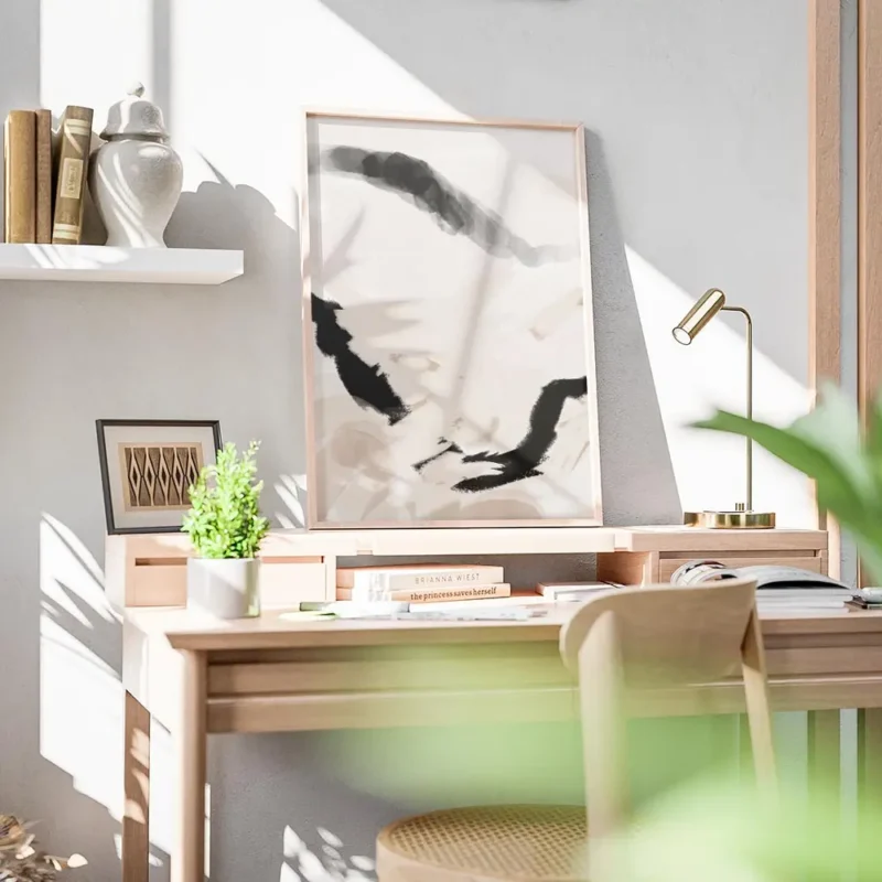 affiche abstraite beige avec des lignes ondulees noires et roses pour une decora bureau.webp
