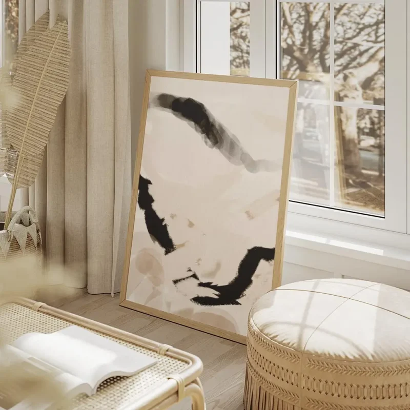 affiche abstraite beige avec des lignes ondulees noires et roses pour une decora salon beige.webp