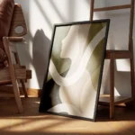 affiche abstraite beige avec un visage feminin stylise de profil et des formes o encadre.webp