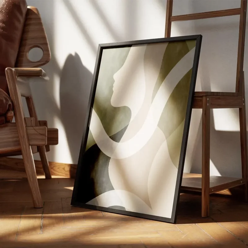 affiche abstraite beige avec un visage feminin stylise de profil et des formes o encadre.webp