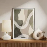 affiche abstraite beige avec un visage feminin stylise de profil et des formes o meuble.webp