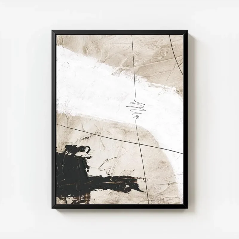 affiche abstraite beige et blanc avec des formes organiques des touches de noir avec cadre.webp