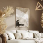 affiche abstraite beige et blanc avec des formes organiques des touches de noir salon.webp