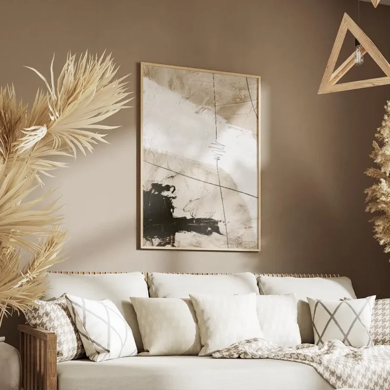 affiche abstraite beige et blanc avec des formes organiques des touches de noir salon.webp