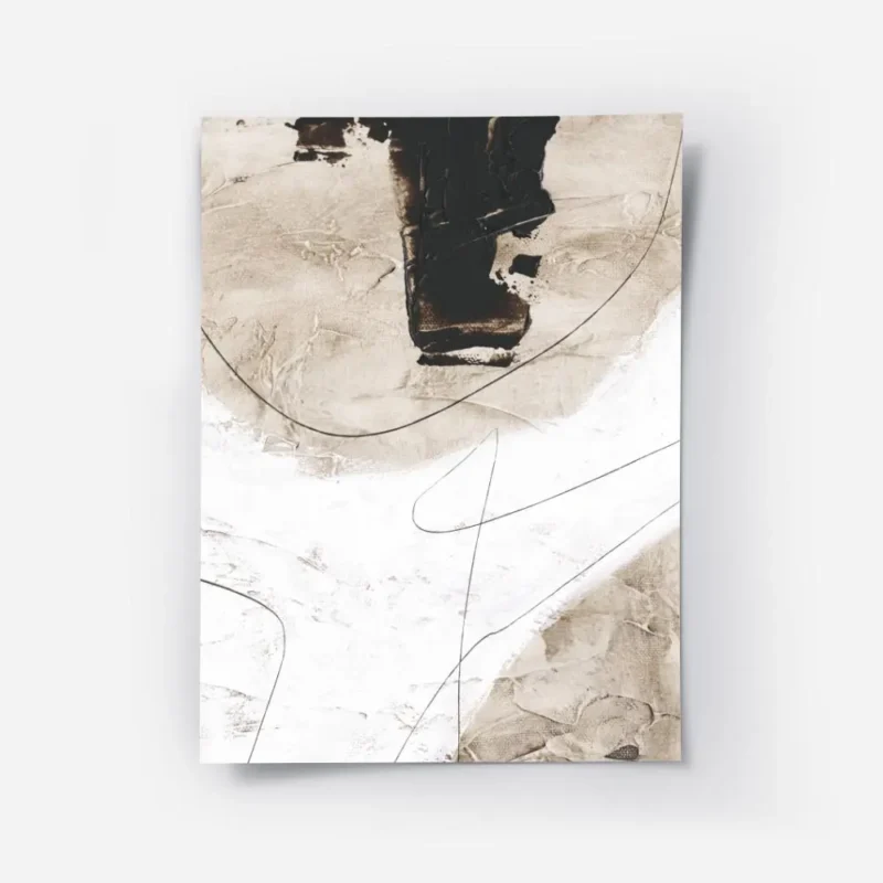 affiche abstraite beige et blanc avec des formes organiques et des lignes noires.webp