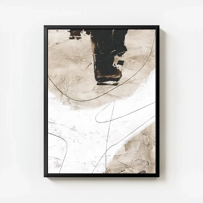 affiche abstraite beige et blanc avec des formes organiques et des lignes noires avec cadre.webp