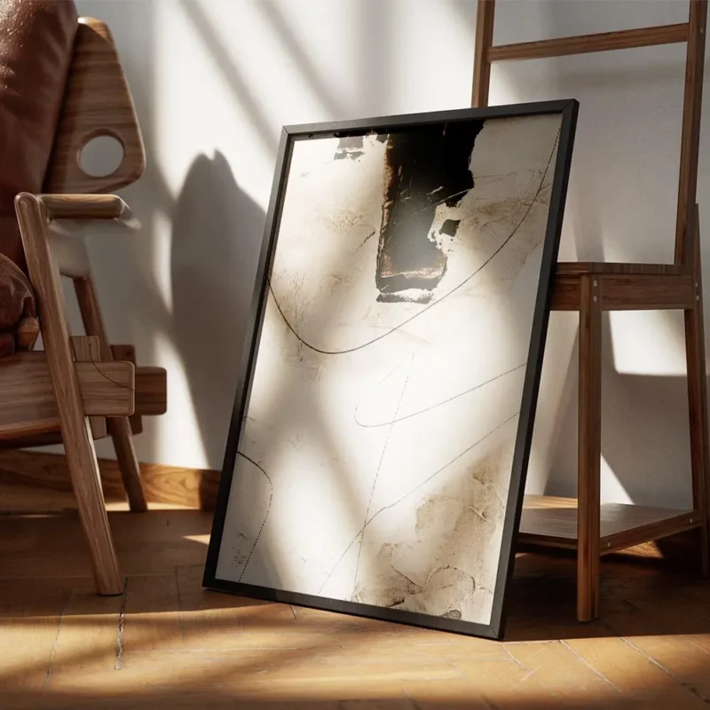 affiche abstraite beige et blanc avec des formes organiques et des lignes noires encadre.webp