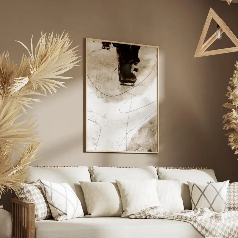 affiche abstraite beige et blanc avec des formes organiques et des lignes noires salon.webp