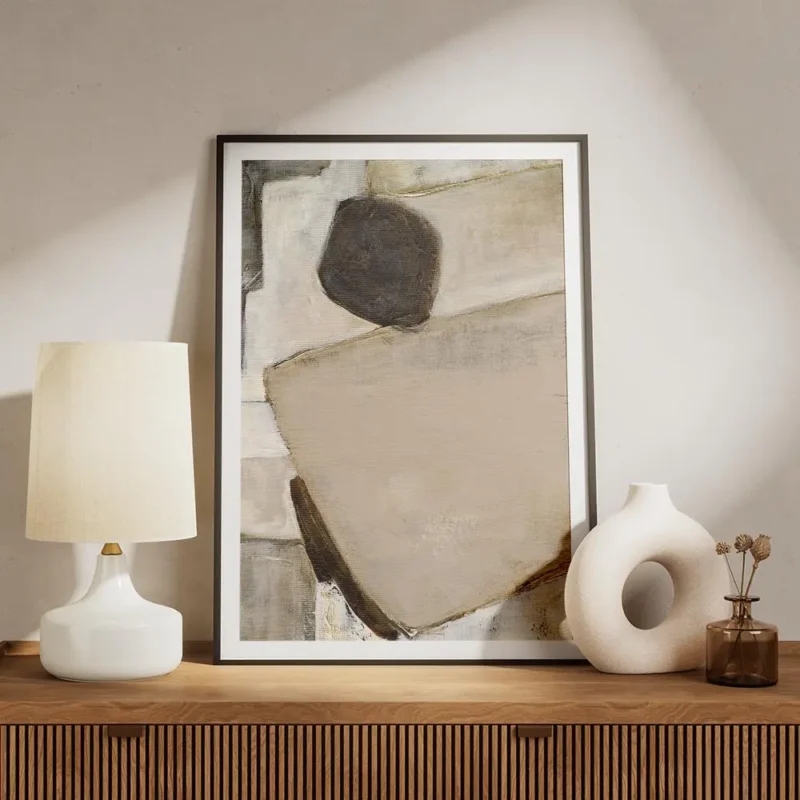 affiche abstraite beige et blanc avec une forme noire texturee et des lignes geo meuble.webp